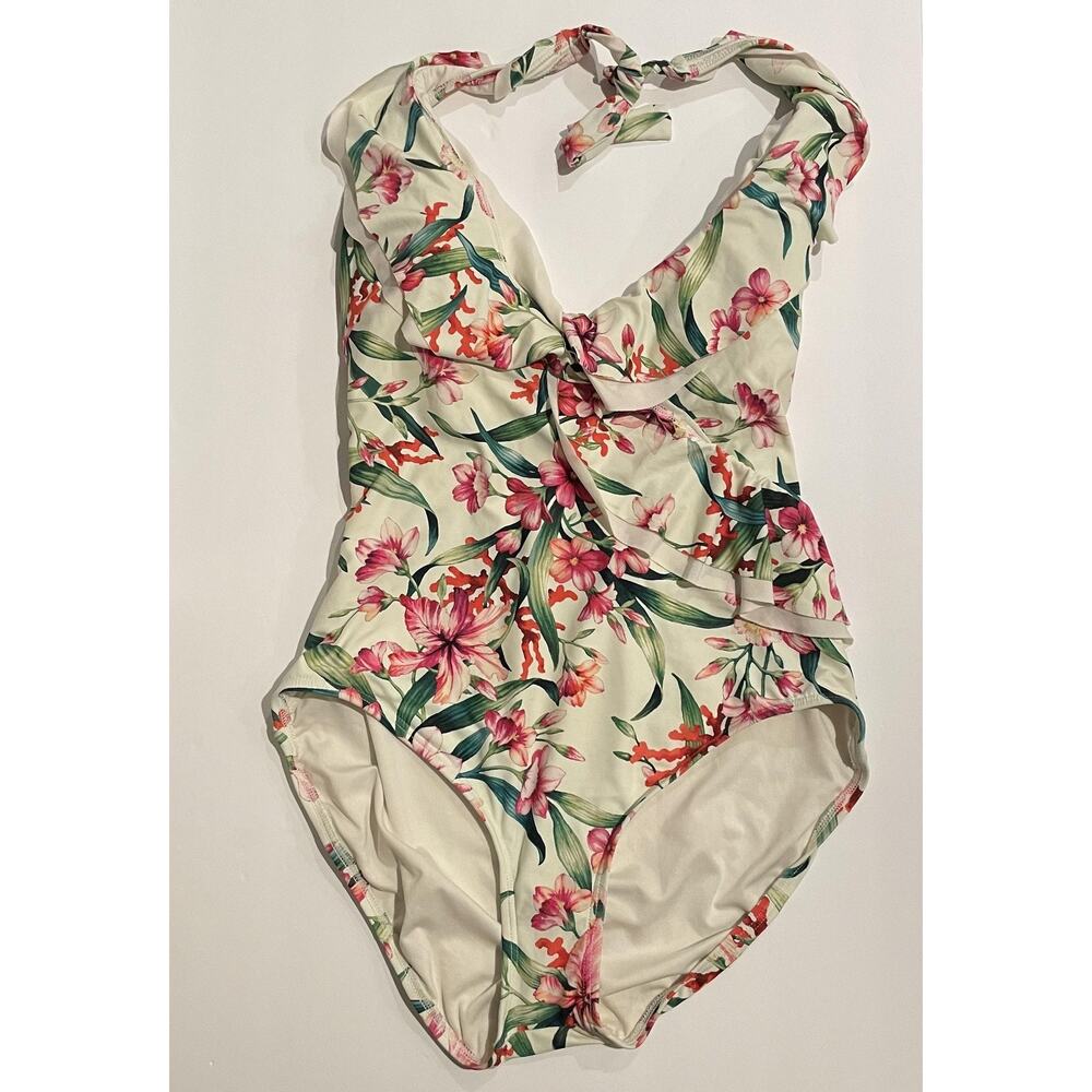 Carmen Marc Valvo Swimsuit Womens 14 One Piece Ruffle Halter Floral Swimwear